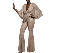 Tuta Donna Elegante Tute Donna Eleganti Con Paillettes Jumpsuit Donna Scollo a V Casual Completo Maniche Lunghe Tinta Unita Cerimonia Party Pantalone Brillantini Con Schiena Scoperta Country Concert