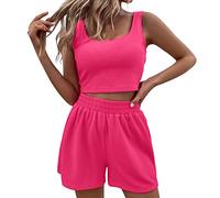 Tuta Donna Sportiva Set 2 Pezzi Corto Tinta Unita A Coste Canottiere Senza Maniche Crop Top E Pantaloncini Vita Alta Tuta da Ginnastica Completo Donna Set Abbigliamento Yoga Gym Set Donna Jogging