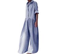 Tuta elasticizzata da donna, casual, a quadri, a maniche lunghe, con bottoni, colletto plissettato, gamba larga, pantaloni lunghi, tutine pagliaccetti drappeggiati tuta da donna, Blu, L