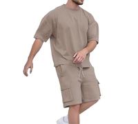 Tuta elasticizzata da jogging da uomo, 2 pezzi, comoda, tinta unita, oversize, maglietta e pantaloncini cargo baggy, abbigliamento estivo, alla moda, abbigliamento sportivo, taglie forti