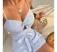 Tuta elegante da donna con scollo a bretelle, in tessuto a righe blu, con nodo e fiocco sulla parte anteriore della vita, adatta per l'estate, la spiaggia e le vacanze L,M,S,XS,XXSA strisce,Motivo str