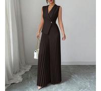 Tuta elegante da donna in colore albicocca, con collo a bavero e plissettatura, design del colletto e della vita, adatta per l'ufficio, i pendolari, lo stile di strada, il romanticismo francese, il ca