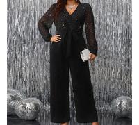 Tuta elegante da donna taglie forti con scollo a V in rete con strass, maniche lunghe e gamba ampia 0XL,1XL,2XL,3XL,4XLColore unico,stampa dappertuttoTessuto in maglia
