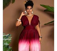 Tuta elegante da donna taglie forti con stampa sfumata, scollo a V, chiusura lampo sulla schiena, coulisse in vita, design spalla, gamba dritta. Versatile per feste, uscite serali, Natale, Capodanno, 