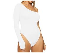 Tuta Elegante Donna Cerimonia Curvy -Jumpsuit Body monospalla sexy a maniche lunghe modello hot (White XL)