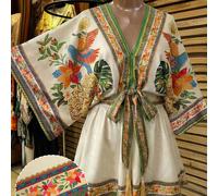 Tuta elegante e casual da donna taglie forti, con scollo a V, fiocco, nappine, stampa di uccelli nomadi e floreale, con colori a contrasto, in stile vintage 0XL,1XL,2XL,3XL,4XLPianteTessuto intrecciat