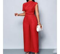 Tuta elegante e casual in colore unito, ampia e comoda, adatta per uso quotidiano e viaggi, versatile. Caratteristiche: design con spalle scoperte e pieghe, scollo asimmetrico, maniche corte e pantalo