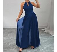 Tuta elegante e comoda di colore nero tinta unita, con collo alto, lacci, senza maniche, vita stretta e orlo in chiffon trasparente, adatta per occasioni formali come il ballo di fine anno 0XL,1XL,2XL