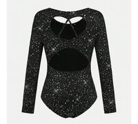 Tuta elegante e lucida da ginnastica, yoga e sport casual per ragazze pre-adolescenti, in maglia elastica e senza schienale, a maniche lunghe, colore nero 8Y,9Y,10Y,11Y,12Ystampa dappertuttoPoliestere