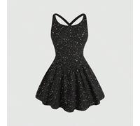 Tuta elegante e lucida per ginnastica, yoga e attività casual per ragazze pre-adolescenti, in maglia elastica e senza schienale, colore nero 7Y,8Y,9Y,10Y,11Y,12Y,13YPiantePoliestere