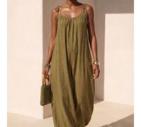 Tuta estiva boho da donna verde oliva ampia, con bretelle, gamba a zampa d'elefante, texture, fiore lanterna tulipano, stile moderno casual da alta moda per vacanze e spiaggia L,M,S,XLColore unicoTess