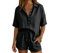 Tuta estiva da donna, elegante, in cotone e lino, a maniche corte, con bottoni e orlo asimmetrico, parte superiore e pantaloni corti con coulisse, set da allenamento e loungewear, Nero , M Kurz