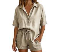 Tuta estiva da donna, elegante, in cotone e lino, a maniche corte, con bottoni e orlo asimmetrico, parte superiore e pantaloni corti con coulisse, set da allenamento e loungewear, caffè, M Kurz