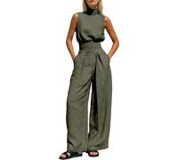 Tuta estiva da donna in lino, 2 pezzi, canotta senza maniche e pantaloni larghi, tinta unita, vestibilità ampia, tuta da jogging per una passeggiata elegante in città, O verde, XXL