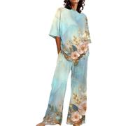 Tuta estiva da donna, leggera, elegante, Xxl - Set di due pezzi, tuta estiva in lino, tuta da jogging in due pezzi, taglie grandi, in cotone, abbigliamento da allenamento a maniche corte, pantaloni
