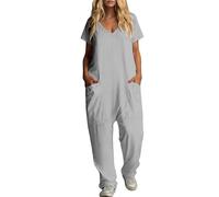 Tuta estiva da donna, lunga, a maniche corte, con scollo a V, taglie grandi, tuta con cavallo profondo, tuta per il tempo libero, oversize, pantaloni estivi, tinta unita, con grandi tasche, grigio