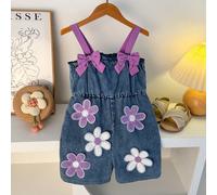 Tuta estiva da ragazza con fiocco e decorazione a girasole 3D sulla spalla, adatta per uso quotidiano, all'aperto, a scuola, per andare al lavoro, per strada, per le vacanze 6Y,7Y,8Y,4Y,5YPianteDenim