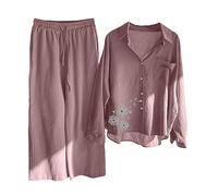 Tuta Estiva Donna Completa Elegante Cotone e Lino Leggera Confortevole Taglie Forti Leggera Casual Completo Larghi Curvy Elegante Manica Corta Camicia + Pantaloni Lino Set Due Pezzi da Casa Casual