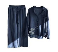 Tuta Estiva Donna Completa Elegante Cotone e Lino Leggera Confortevole Taglie Forti Leggera Casual Completo Larghi Curvy Elegante Manica Corta Camicia + Pantaloni Lino Set Due Pezzi da Casa Casual