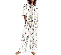 Tuta Estiva Donna Curvy Tuta Elegante Estiva Leggera Due Pezzi Manica Corta Magliette Tops + Pantaloni Lino Set Larghi Temperamento Stampe Chic Completo Spiaggia Set Offerte Oggi Abbinamento