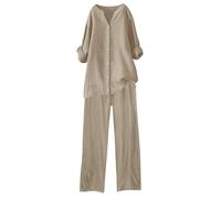 Tuta Estiva Donna Originale Completo Economico Set Cotone E Lino Solido Donne Moda Camicie Manica Lunga Confortevole Camicetta E Tuta Pantaloni Con Taschino Gambe Larghe Regali Originali Donna, Kaki,