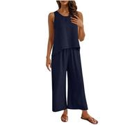 Tuta estiva per le donne Set completi senza maniche Casual Serbatoio allentato Indietro Crochet Boho Top a vita alta Gamba larga Pantaloni Capri in lino tinta unita Set da salotto, 1- Blu scuro, XXL
