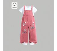 Tuta in denim da ragazza con stampa a farfalla e cuore, gamba ampia, bretelle con bottoni sulle spalle, tasca anteriore, abbigliamento per la scuola da ragazza 7Y,8Y,9Y,10Y,11Y,12Y,13YPianteDenim