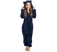 Tuta in pile Teddy per bambini e bambine, a tinta unita, con orecchie d'orso, con chiusura lampo, morbida, confortevole, per l'inverno, caldo, in peluche, per la casa, 2-14 anni, A01 Marine, 5-6 Jahre