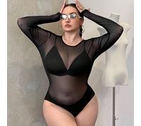 Tuta intera a maniche lunghe in rete e trasparente per taglie forti, top da uscire per donne, outfit da rave e festival, abbigliamento primavera estate 0XL,1XL,2XL,3XL,4XLColore unicoTessuto in maglia