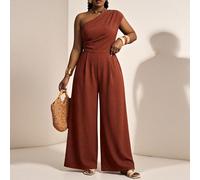 Tuta intera asimmetrica in lino marrone senza maniche, con una spalla, per donne curvy e taglie forti, con gamba ampia, adatta per vacanze, crociere, spiaggia, abbronzatura, moda casual quotidiana, ca