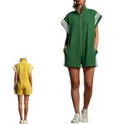 Tuta Intera Corta da Donna con Zip e Strisce Laterali - Romper Monopezzo a Maniche Corte, Collo Alto e Design Color Block, con Tasche (Green,L)