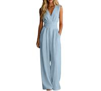 Tuta intera da donna senza maniche con scollo a V e pantaloni a vita alta, modello per cerimonia e cocktail, monopezzo con scollo senza schienale e gamba larga, modello elegante.