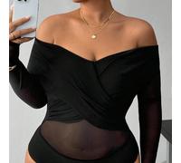 Tuta intera da donna taglie forti, a tinta unita, con spalle scoperte, maniche lunghe, inserti in rete e incrocio sul davanti, adatta per l'autunno e l'inverno 0XL,1XL,2XL,3XL,4XL,5XLColore unicoTessu