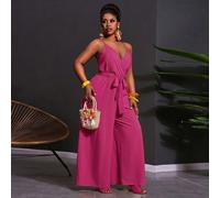 Tuta intera da donna taglie forti con spalline sottili a linea A, con cintura in vita e tasche, gialla, elegante per pendolarismo e casual quotidiano, festa di compleanno, stagione di laurea, outfit d
