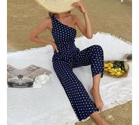 Tuta intera donna jumpsuit manica corta blu pois pantaloni ampli palazzo 14372