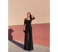 Tuta intera donna jumpsuit manica corta nero pantaloni zampa palazzo D008