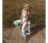Tuta intera donna jumpsuit manica corta verde pantaloni ampli palazzo D018