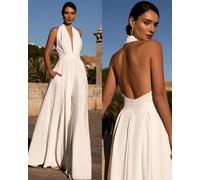 Tuta Intera Donna Jumpsuit Pantaloni Palazzo Bianco Scollato Slim 33086