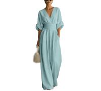 Tuta intera elegante da donna: vita alta, gamba larga, scollo a V incrociato e maniche a metà lunghezza (Peacock Blue,4XL)