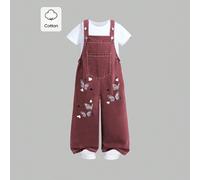 Tuta intera in denim per ragazze pre-adolescenti con stampa farfalla e cuore, gamba ampia, bretelle con bottoni sulle spalle, tasca anteriore, abbigliamento per la scuola 8Y,9Y,10Y,11Y,12Y,13YPianteDe