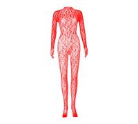 Tuta intera in pizzo leopardato a rete per rave da donna, Rosso, taglia unica