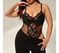 Tuta intera in pizzo nero e rete trasparente, elegante per feste, San Valentino, con corpetto aderente. Tuta intera in pizzo e rete trasparente, scollo a V, taglie forti, adatta per concerti, performa