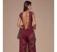 Tuta intera nera opaca e sexy in pizzo trasparente con schiena scoperta, elegante outfit per uscire, per appuntamenti, feste, tuta palazzo asimmetrica, tuta di San Valentino, tuta casual, tuta elegant