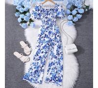 Tuta intera per ragazze pre-adolescenti, con stampa su tutto il capo, scollo a incrocio e maniche a sbuffo, adatta per l'abbigliamento da resort estivo 8Y,9Y,10Y,11Y,12YPiantePoliestere