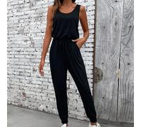 Tuta intera senza maniche in cotone tracciabile nero, collo rotondo, vita stretta, orlo con polsino, vestibilità casual basic ampia, effetto snellente, pezzo unico per vacanze estive L,M,S,XLColore un