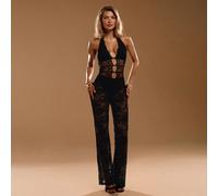 Tuta intera trasparente con scollo all'americana in pizzo nero a contrasto per donne, romper traforato, nero floreale, estate, club notturno, rave, festival musicale, outfit per San Valentino L,M,S,XL