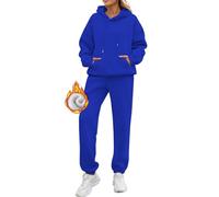 Tuta invernale da donna, in pile, oversize, 2 pezzi, a maniche lunghe, felpa con cappuccio e pantaloni, set da 2 pezzi, per fitness, jogging, abbigliamento sportivo, blu, S
