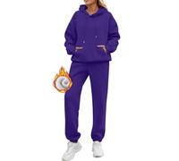 Tuta invernale da donna, in pile, oversize, 2 pezzi, a maniche lunghe, felpa con cappuccio e pantaloni, set da 2 pezzi, per fitness, jogging, abbigliamento sportivo, Blu scuro, S