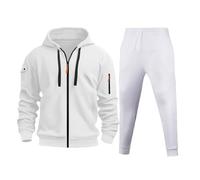 Tuta invernale da uomo imbottita con zip, set casual con cappuccio e pantaloni da jogging con più tasche, in pile, abbigliamento da tempo libero per il freddo, bianco, L