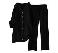 Tuta Lino Donna Estiva Elegante Coordinato Larghi Camicia + Pantaloni Leggera Cotone E Lino Estivo Tute Da Ginnastica Primavera Curvy Set Due Pezzi Maniche 3/4 Jogging Traspirante Set Spiaggia